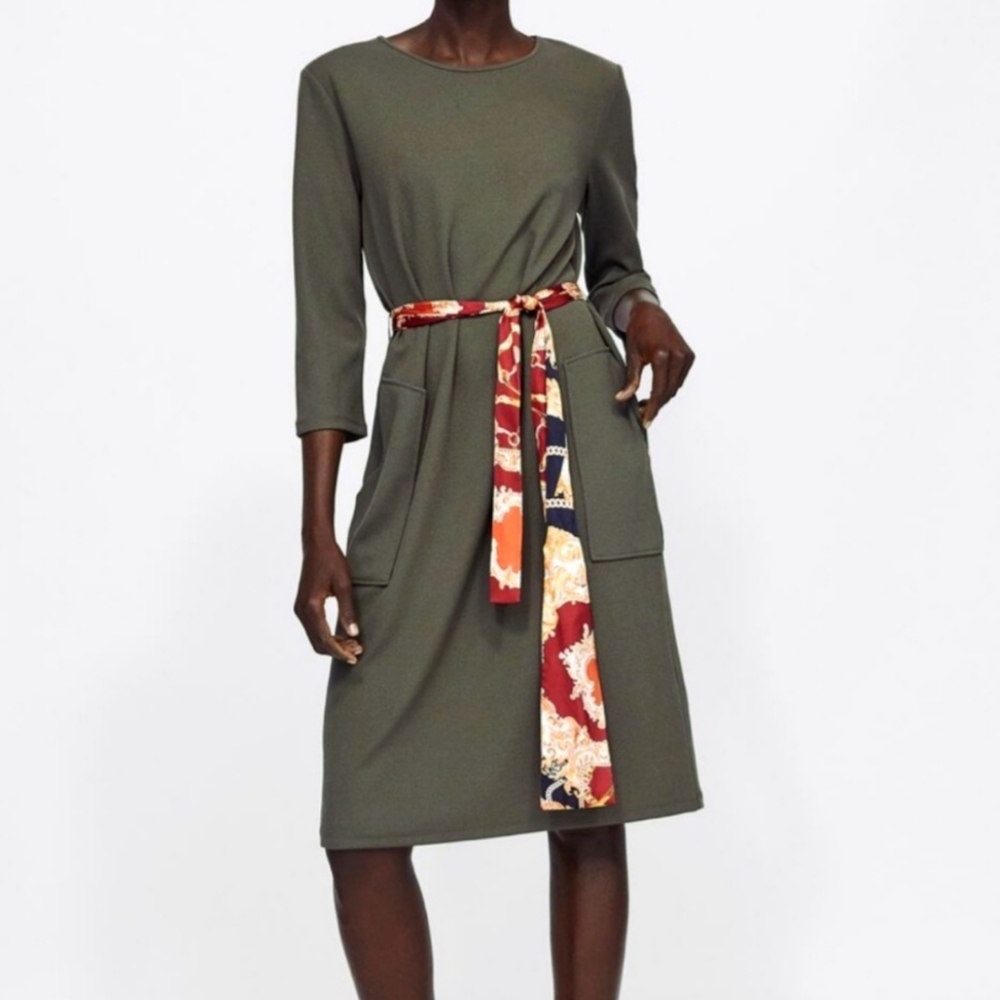 Zara Shift Olive Green Dress with Satin Tie Belt